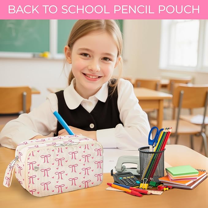 WOBAGMEN Cute Pencil Case,Large Corduroy Zippered Pencil Case Pouch, aesthetic Pencil Bag with Compartments, Pencil Pouch School Supplies (pink bow)
