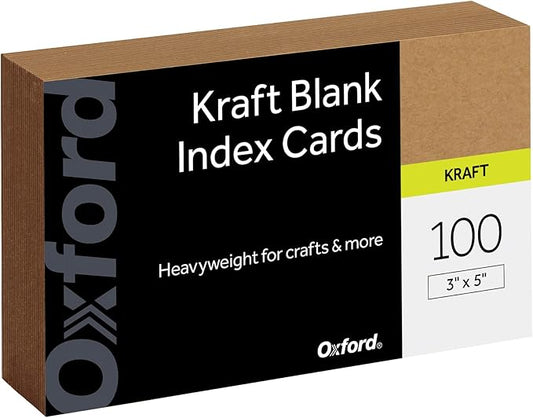 Oxford Kraft Index Cards, 100 Pack, 3x5" Index Cards, Thick, Premium Paper for Gifts, Crafts, Parties, Flash Cards, Brown, Blank on Both Sides (63505)