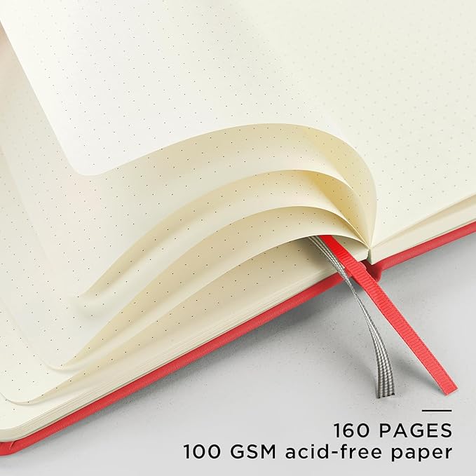 &And Per Se Dotted Journal Notebook, A5 Hardcover Leather Dotted Journal, 160 Pages 100gsm Thick Dot Grid Paper, 3 Sheets of Stickers Included - 5.7'' x 8'' (Red)