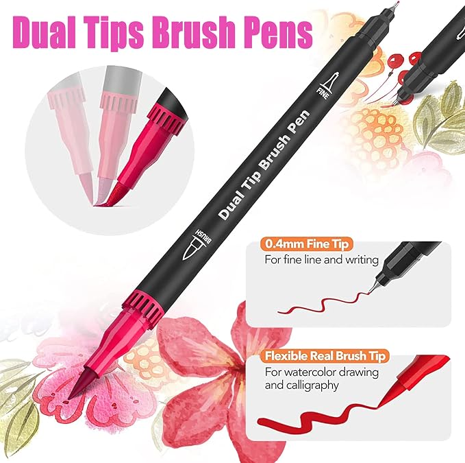 Red&Pink Dual Tip Brush Pen,Colored Fine & Brush Calligraphy Pens,Dual Tip Pink Markers for Adult Coloring Books Drawing Planner Calendar Art Sketch Outlining Sketching Calligraphy