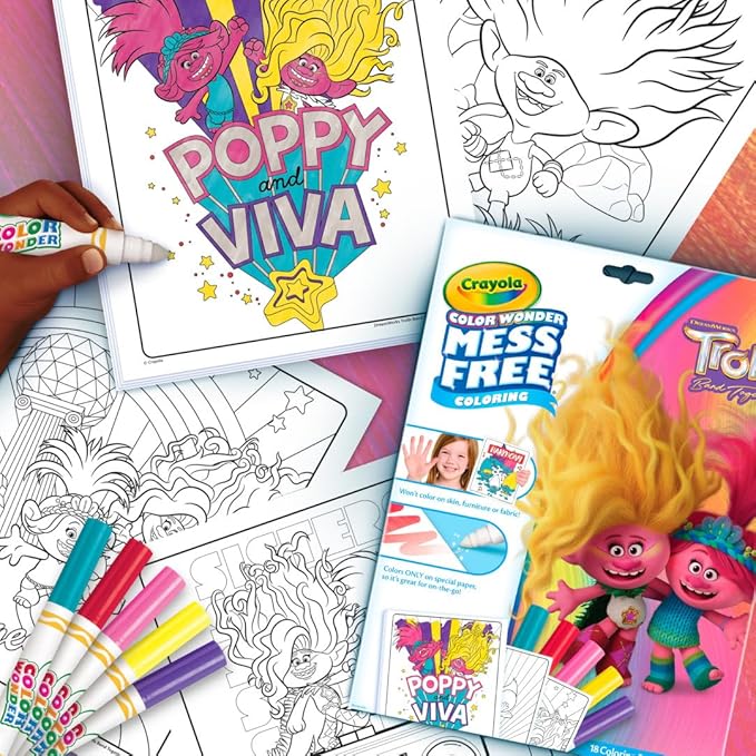 Crayola Trolls 3 Color Wonder Activity Set, Trolls Mess Free Coloring Pages for Toddlers, Travel Activity, Troll Toys, Toddler Gifts