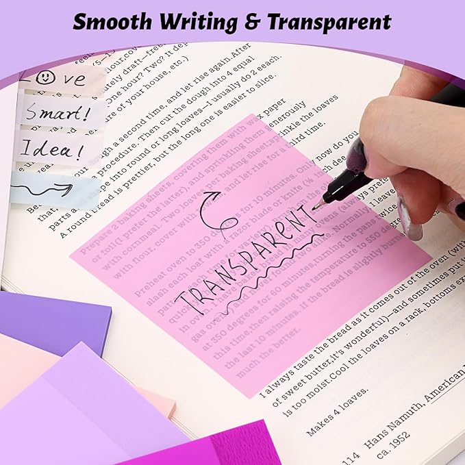 ‎SYMDROMIA Transparent Sticky Notes, 3"x3" Clear Post Translucent Sticky Notes with See Through Self-Adhesive Sticky Pads for Office School College Supplies, 800 Sheets Lavender Purple