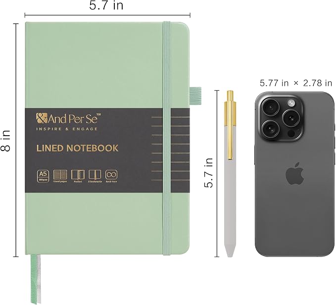 &And Per Se Lined Journal and Pen Set, A5 Leather Hardcover Notebook with Pen & Stationary Set, 160 Pages 100GSM Thick Ruled Paper Journal for Business Work Writing (Light Green)