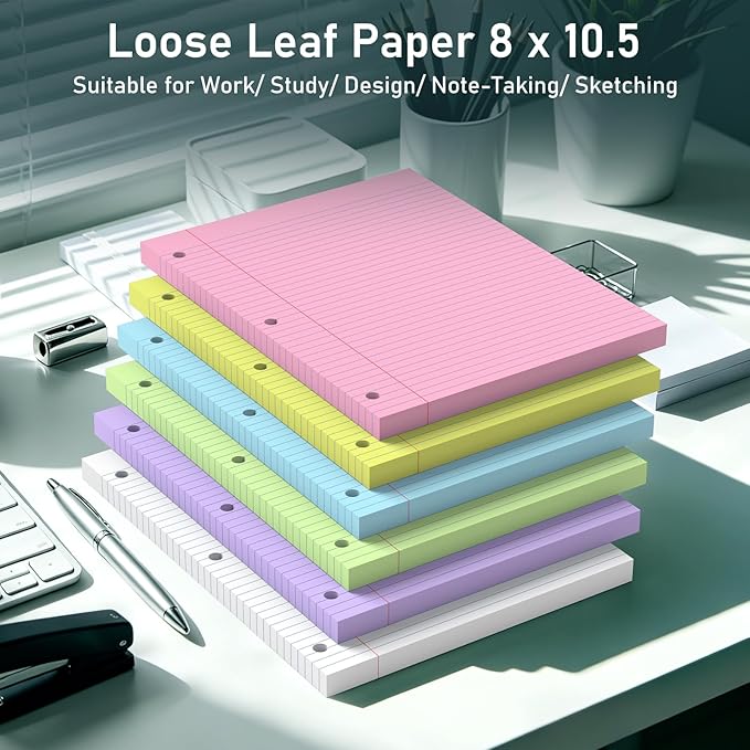720 Sheets Loose Leaf Paper, 6-Color Lined Paper Notebooks, 8 x 10.5 College Ruled Filler Paper, 3-Hole Punched Binder Paper, Double-Side Printed Writing Paper Notepads for Home, Office, School