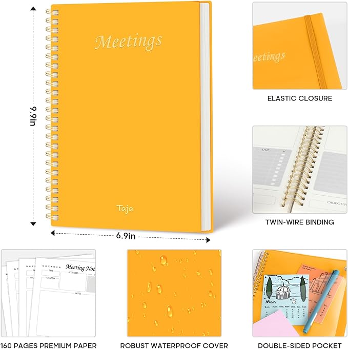 Meeting Notebook for Work Organization - Work Planner Notebook with Action Items, Agenda Planner for Note Taking, 160 Pages (6.9" X 9.9") Project Organizer for Men & Women - Yellow