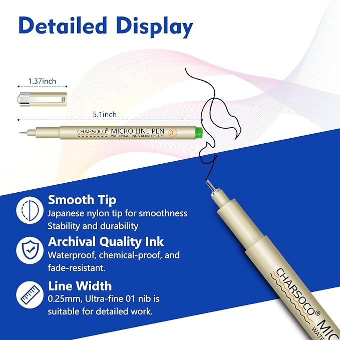01 Micro Pen, Fine Point Pen with 12 Colors, Waterproof Archival Ink, 0.25mm Fineliner Ink Pens for Artist Illustration, Sketching, Anime, Manga, Technical Drawing and Scrapbooking