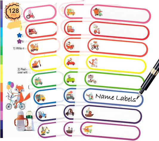Baby Bottle Labels for Daycare Essentials, 128PCS Waterproof Name Labels for Kids Stuff School Supplies, Daycare Label, Toddler Name Stickers Tags for Water Bottle, Self Laminating, Dishwasher Safe