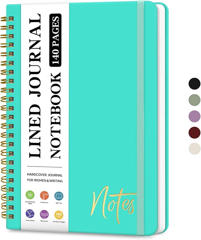 ZOTIA Lined Spiral Journal Notebook for Women, A5 College Ruled Journals for Writing, Hardcover Notebooks for Work, Note taking and Office School Supplies,140 Pages - Aquamarine