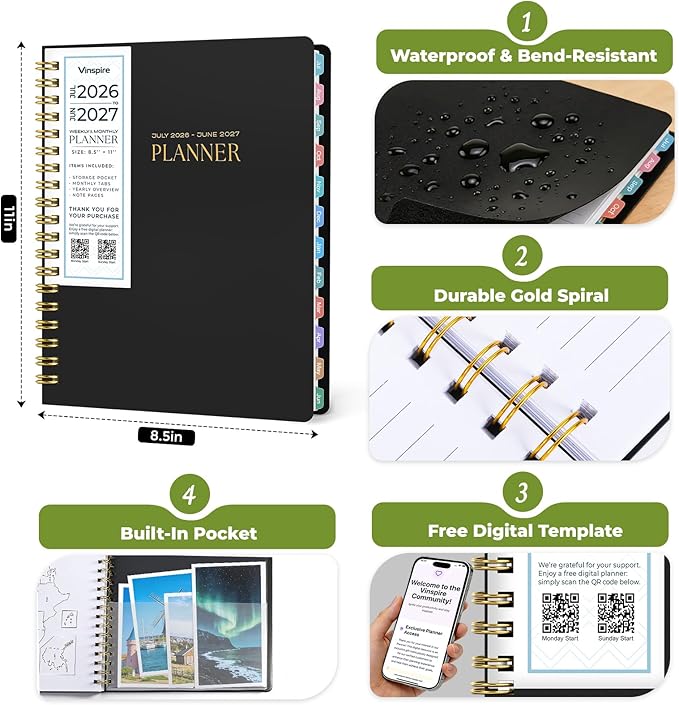 Vinspire 2026 Planner - Yearly, Monthly, and Weekly Planner 2026-2027 for Teachers & Students - Spiral US Academic Year Student Calendar Planners with Notes Pages 2026 Planner Weekly and Monthly - Large (Black, 8.5"×11")