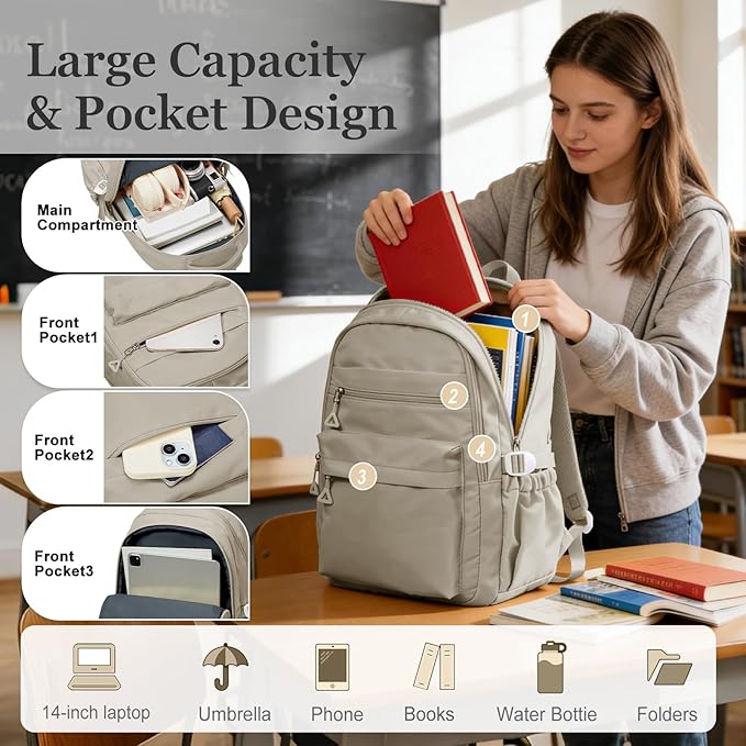 Backpack for College Students Women Men, Aesthetic Backpacks for Middle School, Waterproof Bookbag, Lightweight High School Backpack for Teens Boys Girls(Gray Brown)