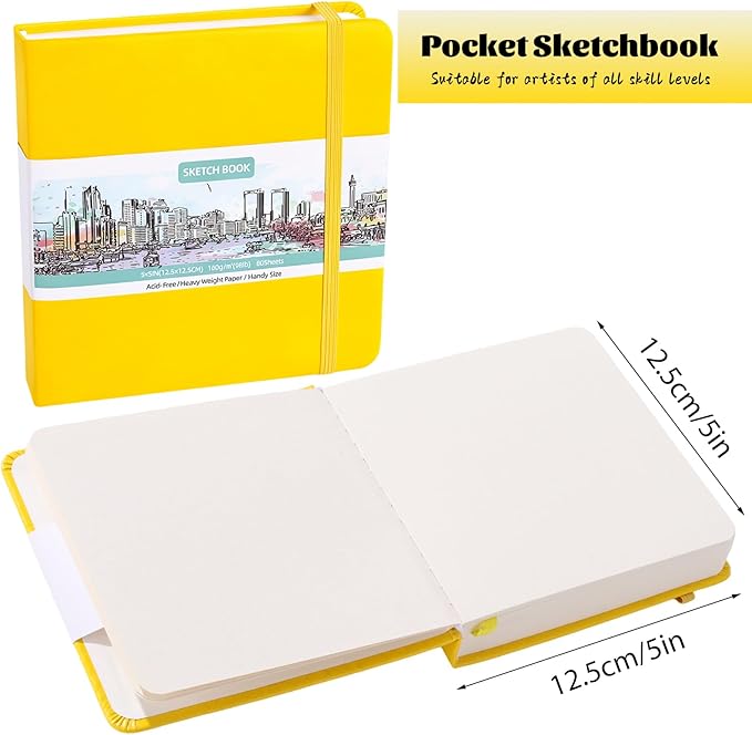 Prudiut Hardcover Pocket Sketchbook, 5" x 5" Square Mini Sketchbook, 98lb/160gsm Heavyweight Tiny Sketch Book, 80 Sheets Small Travel Drawing Journal for Adults, Artist, Ideal for Gift (Yellow)