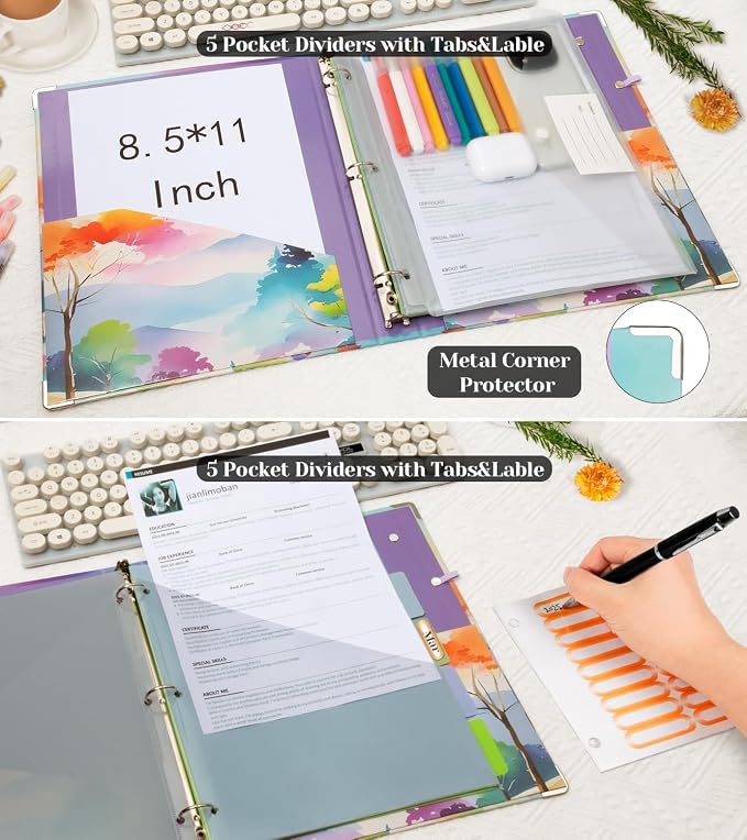 3 Ring 1 Inch Binder Organizer, BVSSX Three Ring Binders with Clipboard, 5-Tabs Pockets Dividers, Plastic Folder, 18 Divider Stikers,Pen Loop (Rainbow Trail, Letter Size)