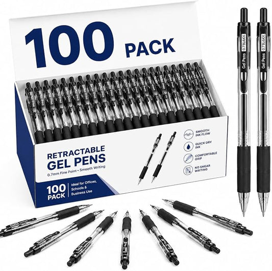 100 Pack 0.7mm Black Gel Pens Retractable Medium Ballpoint Pens Bulk | Smooth Writing, Non-Slip Grip, Quick-Drying Black Ink, No Bleed, No Smear, Clear Barrel with Clip for Office School Supplies