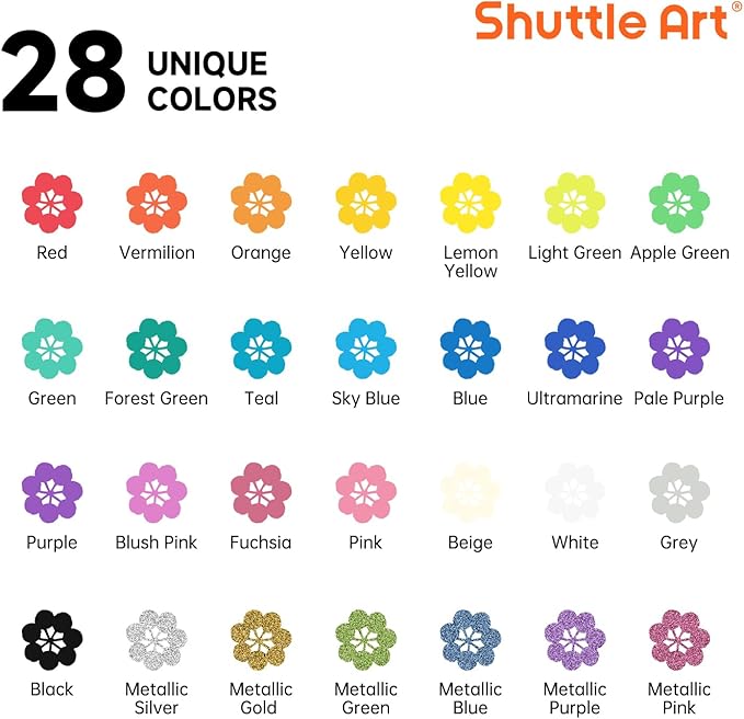 Shuttle Art 28 Colors Dual Tip Acrylic Paint Markers, Brush Tip and Dot Tip Acrylic Paint Pens for Rock, Ceramic, Wood, Canvas, Plastic, Glass, Stone, Calligraphy, Card Making, DIY Crafts