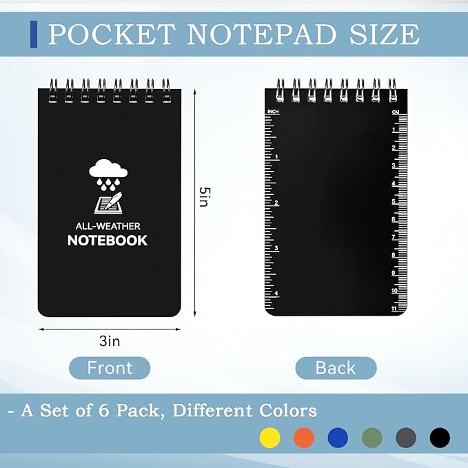 COIDEA 6 Pack Waterproof Notebook, 3 x 5 Pocket Notepad, Top-Spiral Weatherproof NotePad, All Weather Police Pocket Notebook Little Memo Steno Note Pads for Outdoor Office School Recording