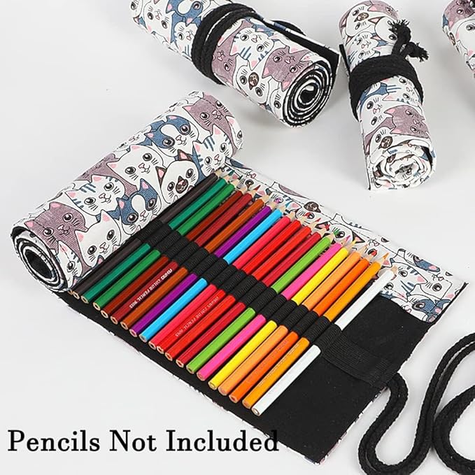DIYOMR 24/36/72 Slots Pencil Wrap Pencil Rolls, Artist Colored Pencils Roll Up Bag Short Brushes Pouch Case Pencils Organizer for Drawing Coloring and Sketching (Big Headed Cat, 24slots)