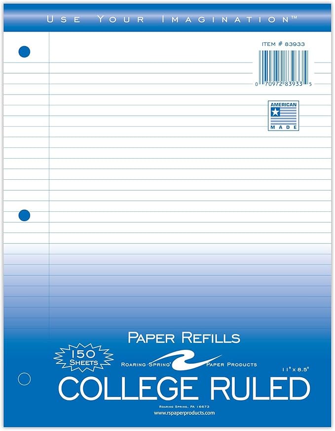 Roaring Spring Loose Leaf Paper, 11" x 8.5", 150 Sheets Per Pack, 15 lb White College Ruled Filler Paper With Margin, 3-hole Punched, Proudly Made in the USA (Case of 24 Packs))
