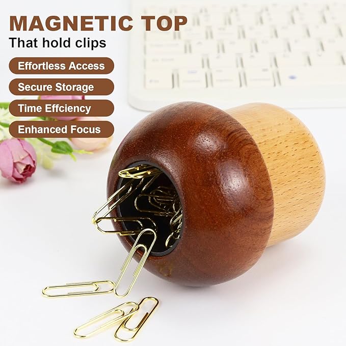 MultiBey Magnetic Mushroom Paper Clip Holder –Wooden Paperclip Holders for Desk with 100pcs 1.1in Gold Paperclips, Cute Paper Clip Dispenser for School,Home,Office