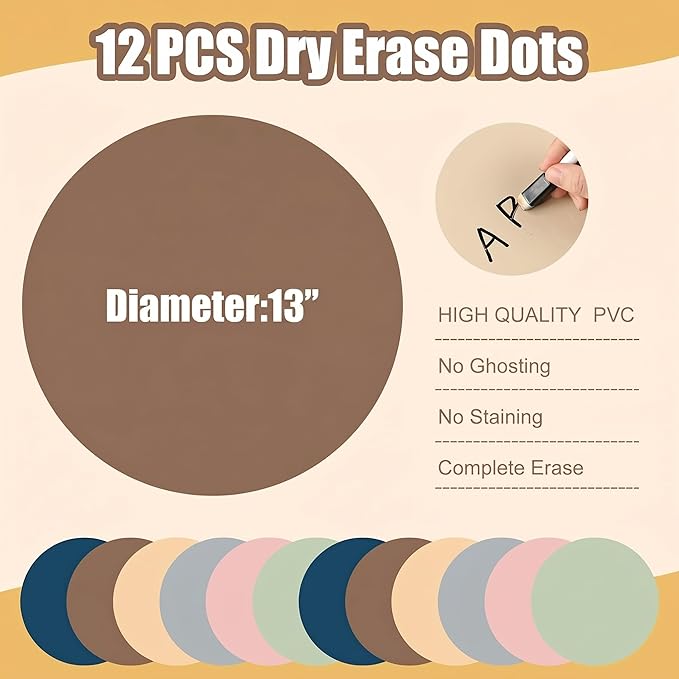Ireer 12 Pcs 13 '' Dry Erase Dots for Classroom Table Classroom Decor Boho Colorful Stickers for Whiteboard Wall Decor Removable Dry Erase Circles for School Teacher Supplies(Neutral,Morandi Color)