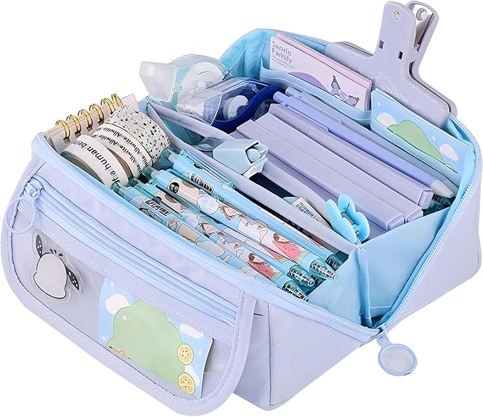 Pencil Case Pouch Box Cute Kawaii Large Capacity Aesthetic Zipper Pen Holder Organizer Bag for Kids (Z-Blue)
