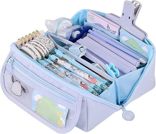 Pencil Case Pouch Box Cute Kawaii Large Capacity Aesthetic Zipper Pen Holder Organizer Bag for Kids (Z-Blue)