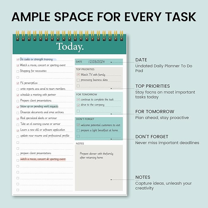 KMQOY To Do List Notepad - Daily Planner Pad Undated 52 Sheets Spiral Today Planner Note Pad Premium Thick Paper 6.5" x 9.8" For Work and Personal Organized - Green