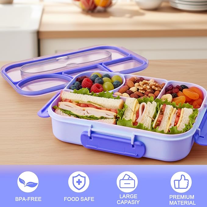 Bento Box for Adults, 4 Compartments Lunch Box, Lunch Containers, Blue