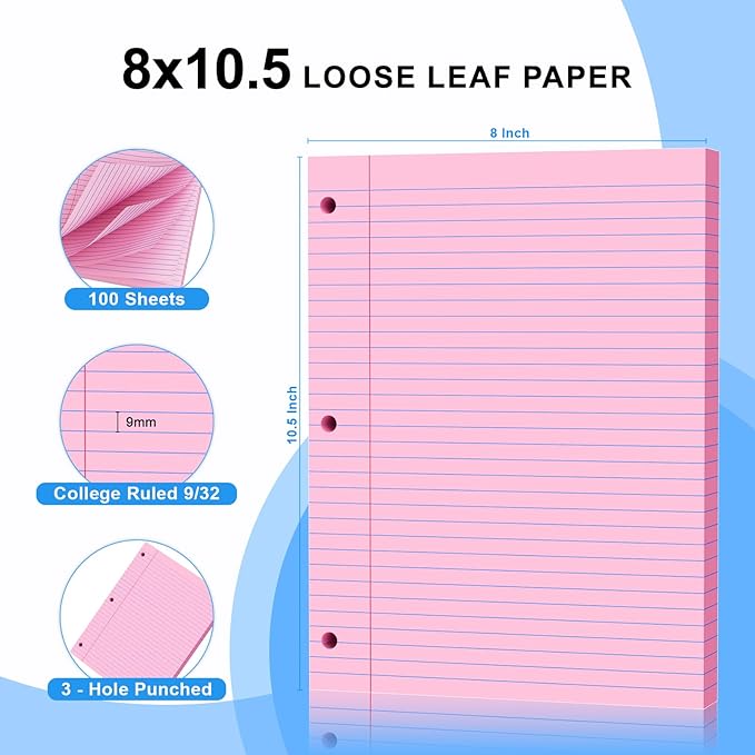 Pink Loose Leaf Paper 300 Sheets 8" x 10.5" Filler Paper, College Ruled 3-Hole Punched, Notebook Paper for 3-Ring Binders Notepad Writing Note Pads To-Do Lists for Office & School Supplies