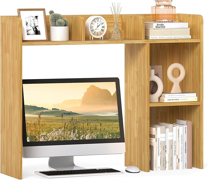 Giantex Desktop Bookshelf, Wood Desk Hutch Organizer for 27 Inch Computer Monitor, Countertop Storage Display Rack with 5 Shelves, Multipurpose Desktop Shelf Bookcase for Dorm Office Home (Burlywood)