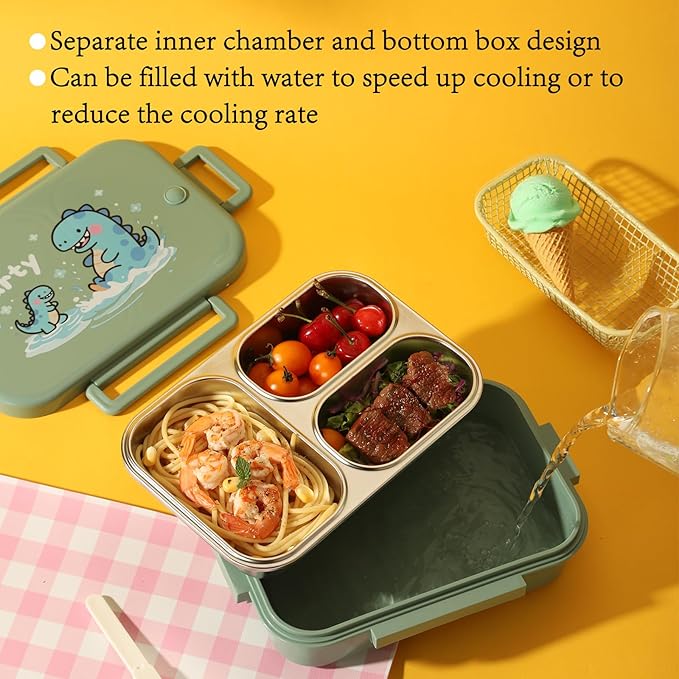 18/8 Stainless Steel Lunch Box & Bento Box for Kids & Adults - 25oz- with Leakproof Condiment Container - 3 Compartmentcute with Dinosaur Cartoon Pattern for School, Office & Outdoor -Dishwasher Safe