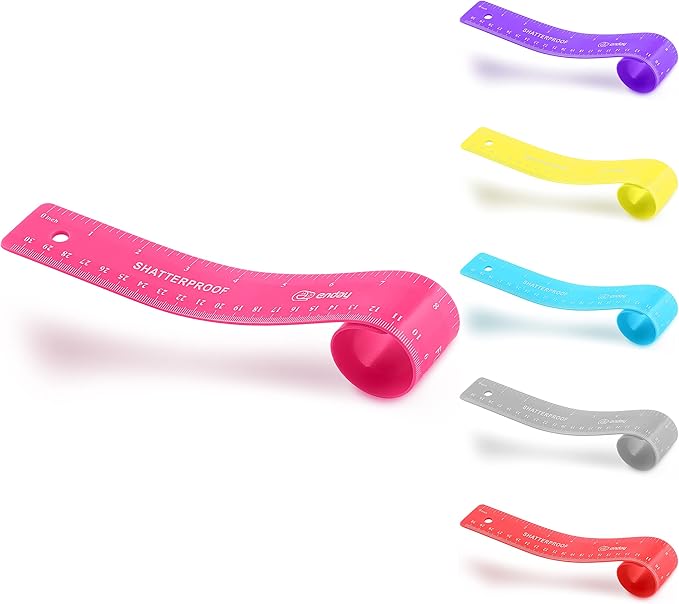 Flexible Ruler Pink, 12 in (30 cm) Soft Plastic Shatter Resistant Straight Edge Ruler, Bendable Kids & Adults Ruler w/Inches & Metrics Also Available in Blue, Purple, Red, Grey, Green, 1 Pc –By Enday
