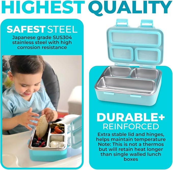 kinsho Small Stainless Steel Bento Box Lunch Container Baby Toddlers, Green | Small Bento, 3 Eco Metal Portion Sections, Silicone Seals, Leakproof Lid, Spill-Proof Meal Container for Pre-School & Daycare