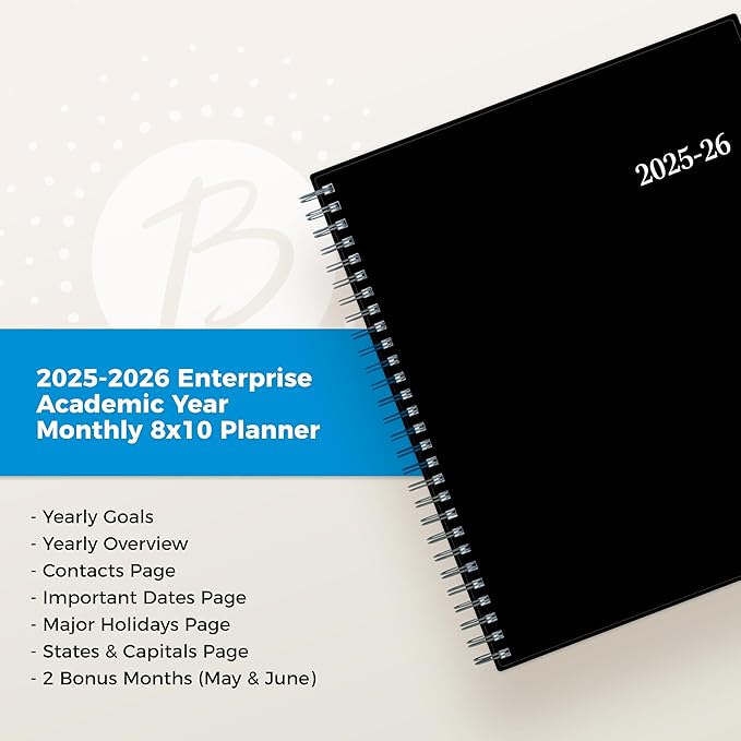 Blue Sky 2025-2026 Monthly Academic Year Planner Calendar, July 2025 - June 2026, 8" x 10", Monthly Layout, Flexible Cover, Wirebound, Laminated Tabs, Enterprise
