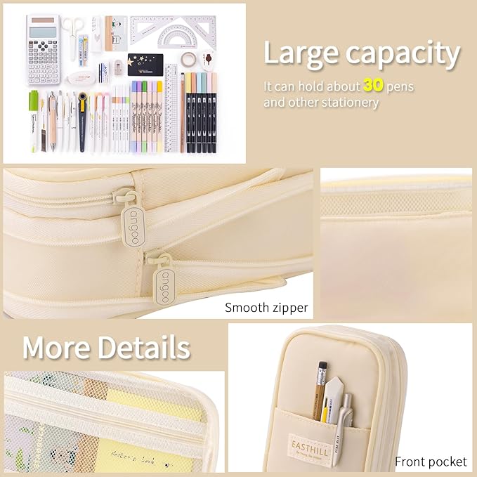 EASTHILL Big Capacity Pencil Case Large Pencil Pouch Stationery Pen Bag for Teen Girls-Cream