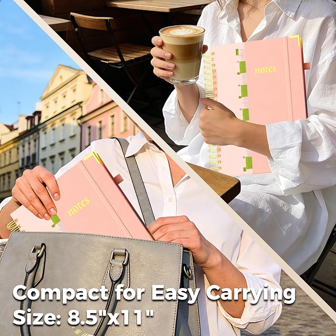 XYark A4 Hardcover Spiral Notebook, 8.5"x11" College Ruled Notebooks with Removable Dividers Tabs & Ruler, 5 Subject Notebook 300 Pages, Large Lined Journal for Women School Work Office, Light Pink