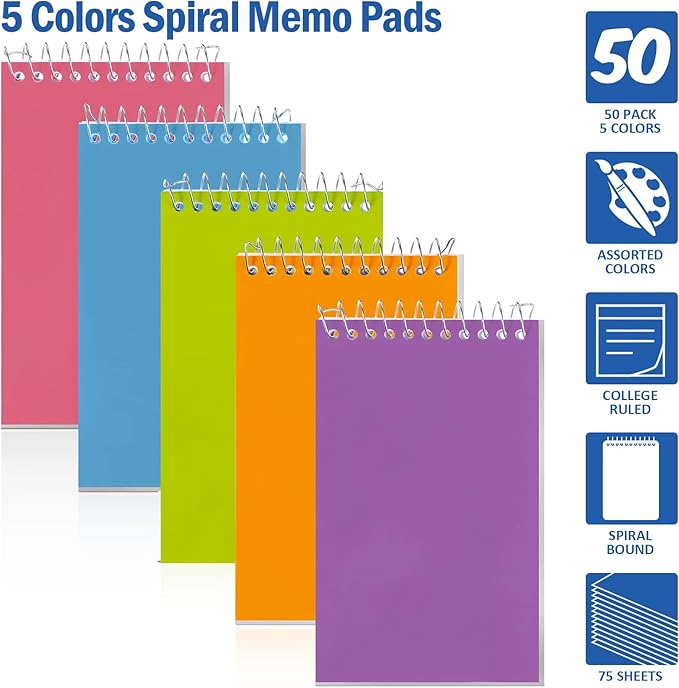 Teling 100 Pieces Spiral Memo Pads Bulk 3 x 5 Inch Small Note Pads Top Bound Lined College Ruled Paper Mini Notepad Pocket Spiral Notebooks for School Office Home Supplies, 75 Sheets (Fresh Colors)