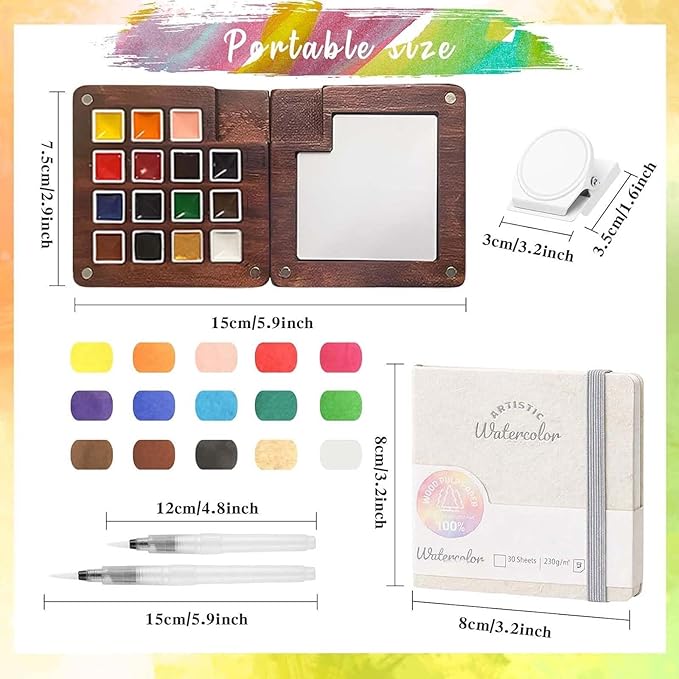 Mini Paint Palette Travel Kit - Mini Travel Watercolor Palette Set, Pocket Artist Water Color Travel Set with Colours, Binder Clips, Watercolor Pens, Wooden Paint Box for Painters Artists Students