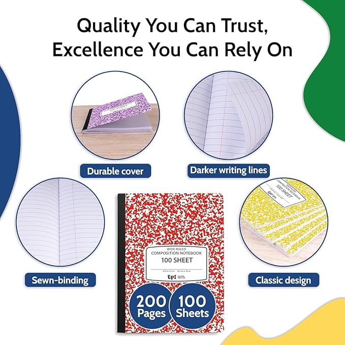 2016 Pack (Pallet) EPI Wide Ruled Composition Notebook Assorted Colors, Bulk, 200 pages (100 Sheets), 9-3/4 x 7-1/2, Marble, Bulk School Supplies, Heavy Duty, Durable, Office Notebooks, Sewn Binding