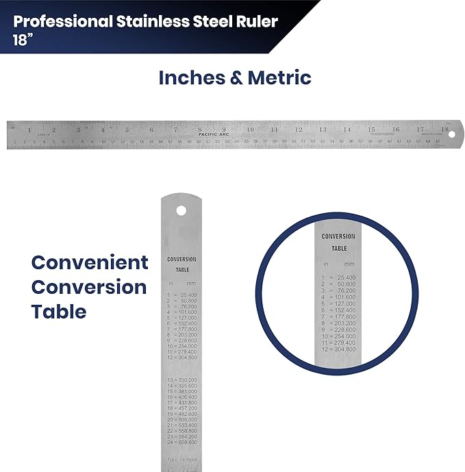 Pacific Arc 18 Inch Stainless Steel Ruler with Inch/Metric Conversion Table