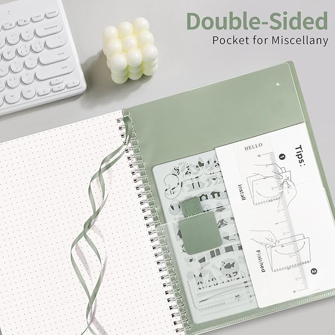 AHGXG Dotted Journal - Dot Grid Spiral Notebook B5, 140 Pages, 100 GSM Thick Paper, Waterproof Plastic Cover Journals for Bullet Journaling, Sketching, 7.6" x 10", Sage Green