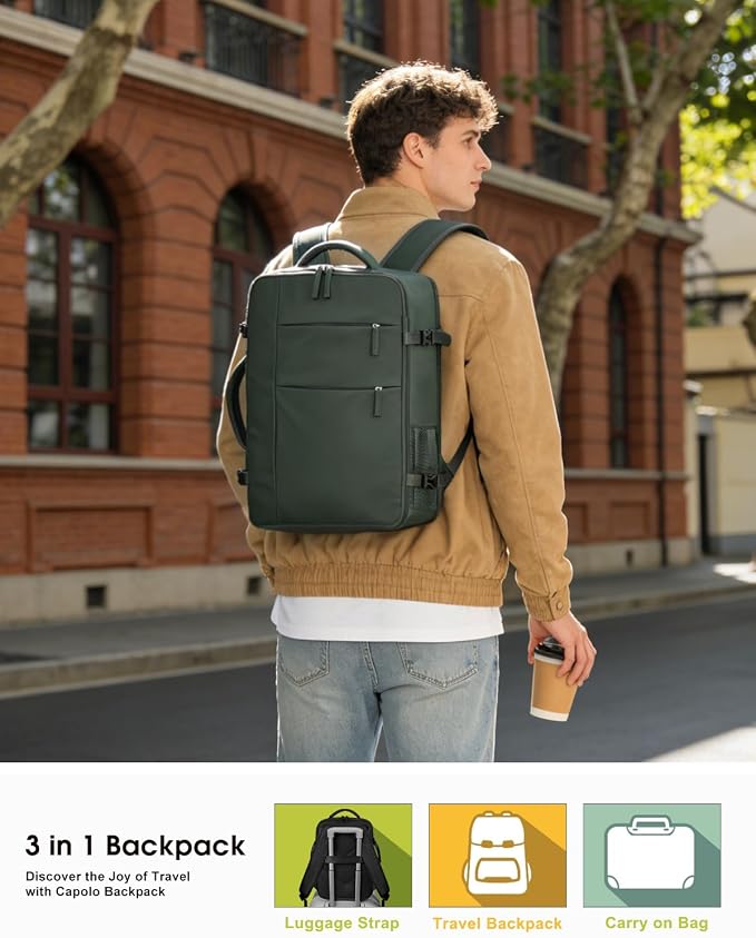 Capolo Travel Backpack for Women Men Waterproof Laptop Backpack Airlines Approved Carry On Backpack Bag Computer Bookbag for Business, Work, Traveling Fits 15.6 Inch Laptop(Green)