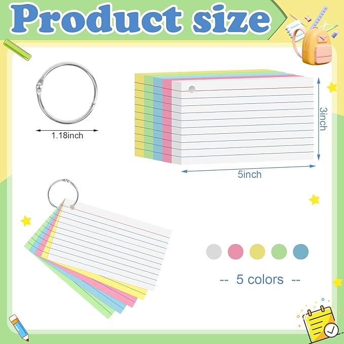 250 Count Index Cards 3x5 Inch Heavyweight Colored Flash Cards with Ring Study Flashcards Note Cards for Studying School College Supplies