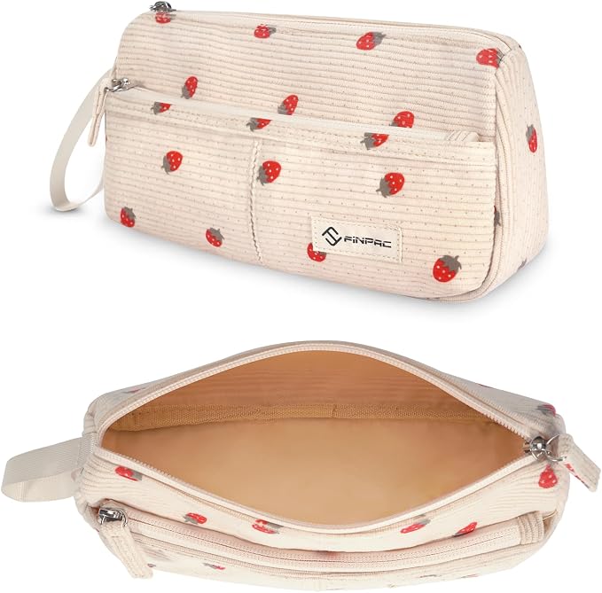 FINPAC Pencil Case, Corduroy Triangle Makeup Bag Kawaii Pen Bag Pouch | Pencil Holder Box Organize for Study, Office, or Travel, Strawberry