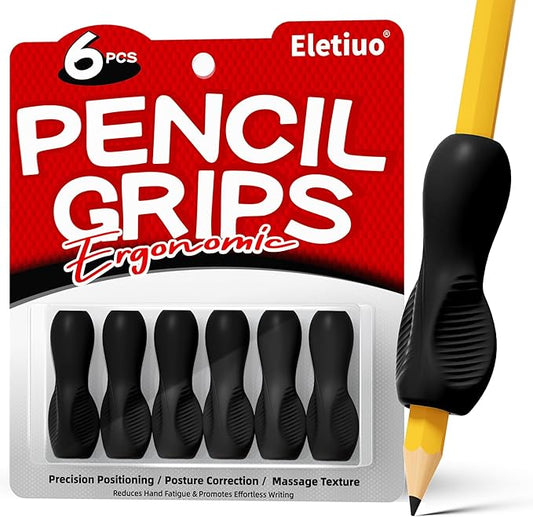 6 Pack Ergonomic Pencil Grips,Triangular Design with Finger Grooves for Children &Arthritis,Soft Non-Slip Silicone,Corrects Grip Position for Writing and Drawing,Left & Right Handed,Black