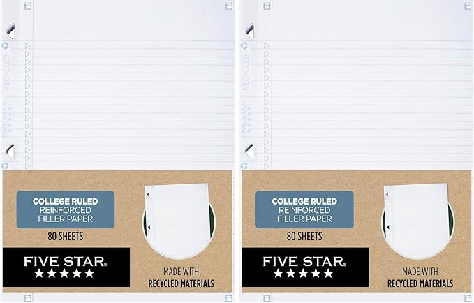 Five Star Loose Leaf Paper + Study App, Recycled Notebook Paper, College Ruled Paper, 8-1/2" x 11", 80 Sheets, Reinforced Filler Paper (170023) (Pack of 2)