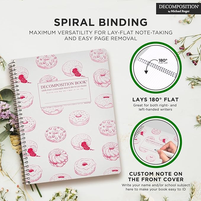 Decomposition Donut Time College Ruled Spiral Notebooks – 9.75 x 7.5 Journal with 160 Lined Pages – Cute Notebooks for School Supplies, Home & Office – 100% Recycled Paper – Made in USA