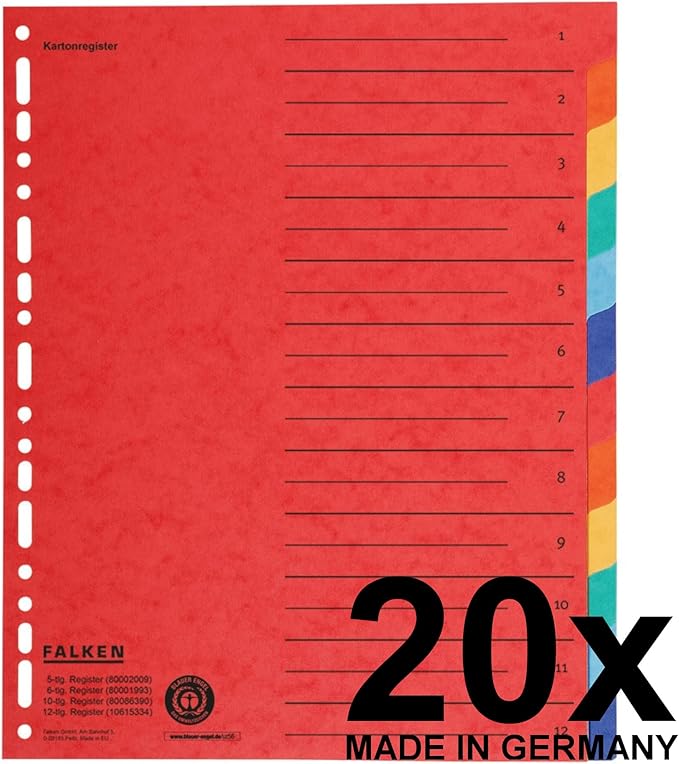 Falken Cardboard Index for DIN A4 24 x 29.7 cm Full Height with Organisational Print (12 Pieces | Pack of 20)