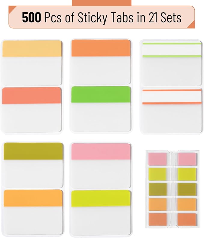 Mr. Pen- Sticky Index Tabs, 500 Pcs, 21 Sets, Colorful, Writable Colored Pages Markers Labels for Reading Notes, Books, Binders, Notebook, Folders and Classify Files, Water-Resistant