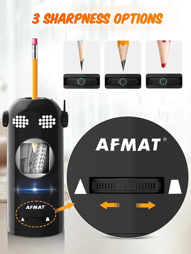 AFMAT Electric Pencil Sharpener Fully Automatic, Colored Pencil Sharpeners for 7-11.5mm Pencils, Rechargeable Hands-Free Robot Sharpener for Classroom, Home, Office, Battery Operated, PSX5EW, Black