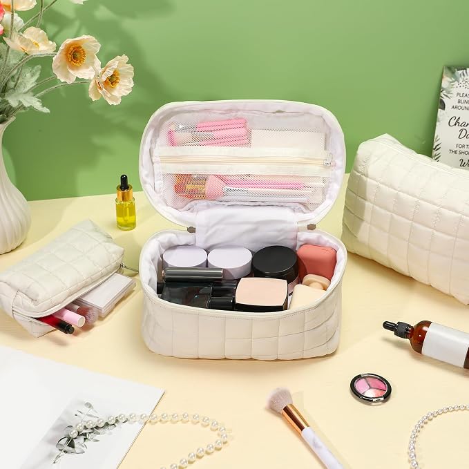 Huhumy 3 Pcs Large Puffy Makeup Bag Set Quilted Cosmetic Pouch for Women Cute Checkered Travel Toiletry Bag Puffer Makeup Organizer Purse Pouch Preppy Pencil Case with Zipper Valentine Gift(White)
